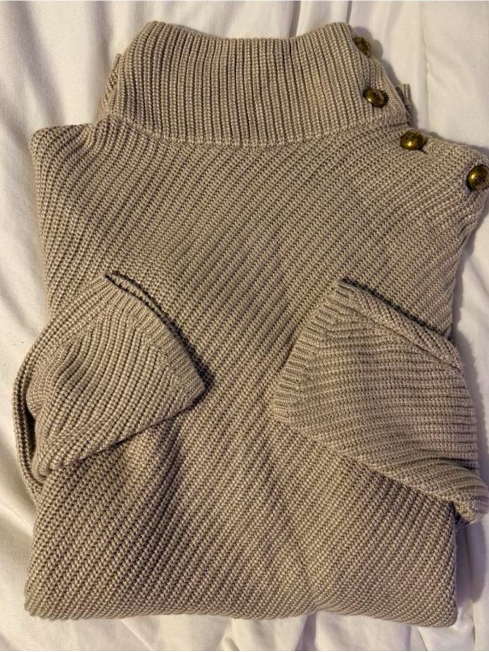 Tory Burch Ribbed Turtleneck Button-Shoulder Sweater - Beige L